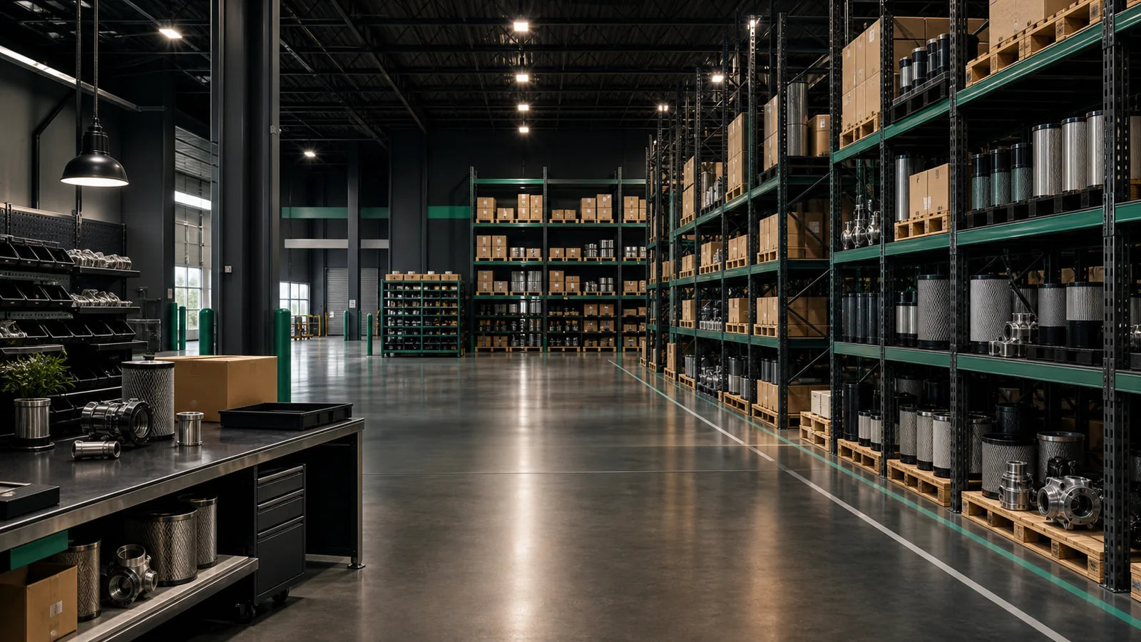 Pristine Air Now Supply warehouse with organized industrial filter and pump-part inventory